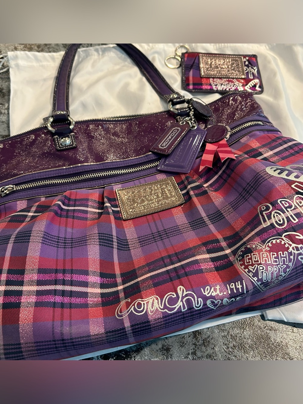 Vintage Coach Poppy Tartan Plaid Glam Tote Bag & Matching Card Case Keyring Set